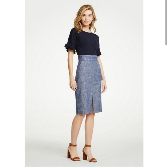 Ann Taylor Chambray Blue Pencil Skirt with Slit - Picture 2 of 8